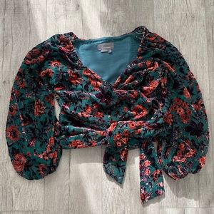 Anthropologie Green Velvet Flowers Blouse